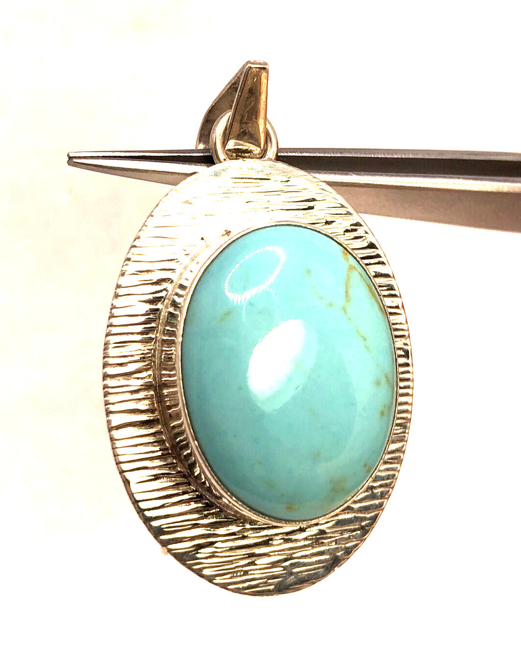 Taxco Mexico 925 Sterling Silver Oval Turquoise Textured Statement Pendant