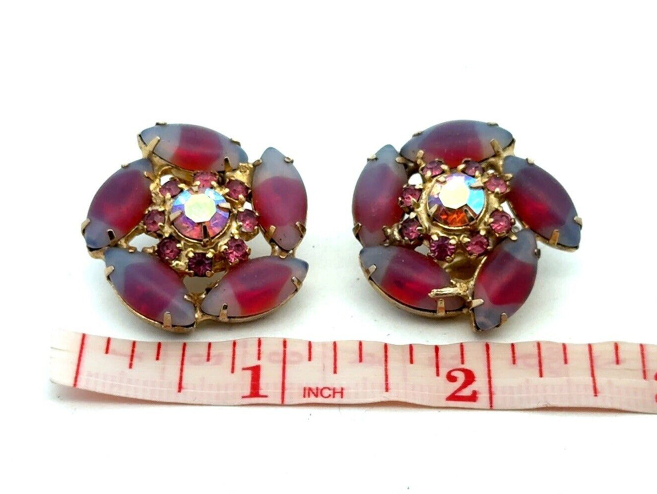 Vintage Gold Tone Pink Purple Rhinestone Jelly Belly Flower Clip On Earrings