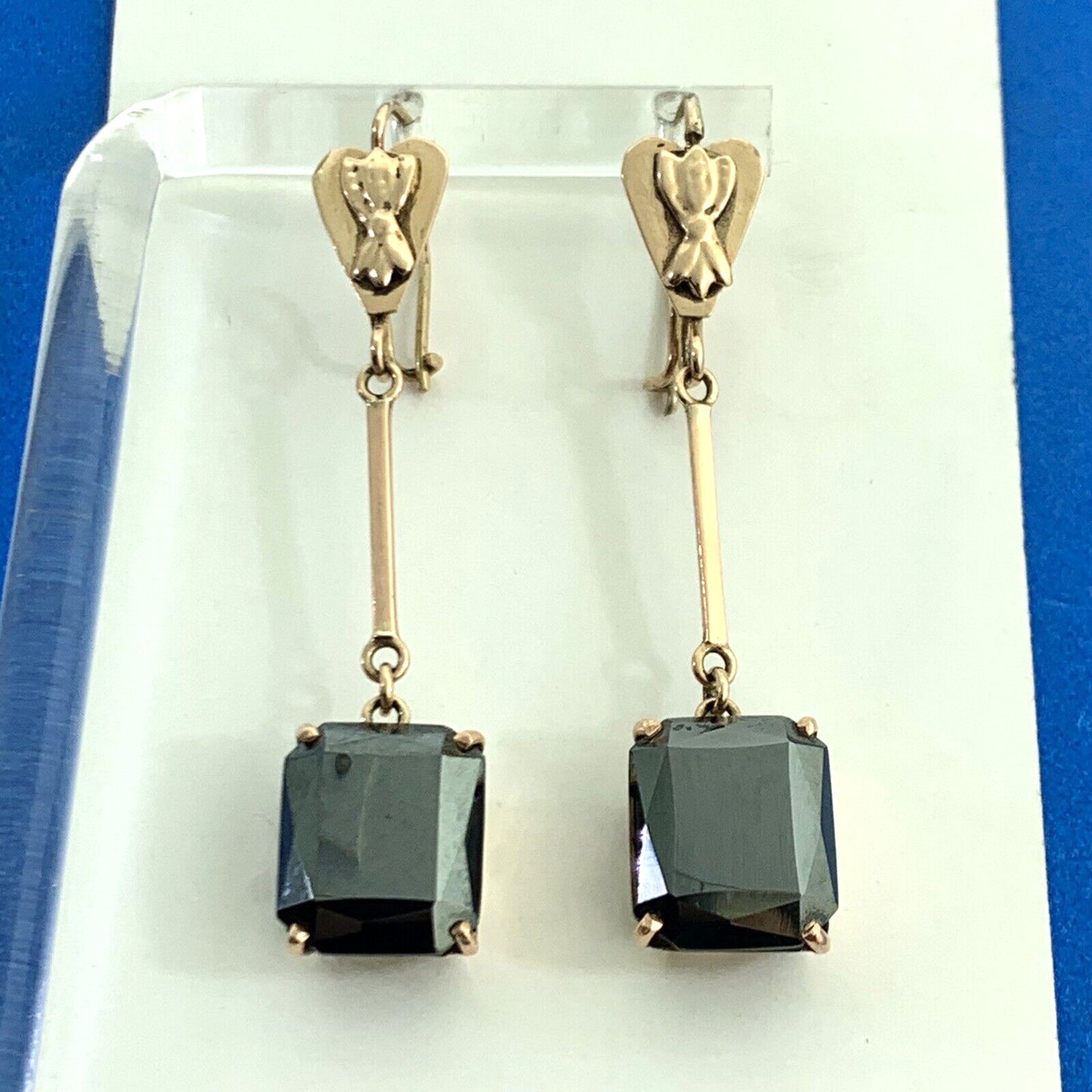 Art Deco 10K Rose Gold Emerald Cut Hematite Statement Dangle Drop Earrings