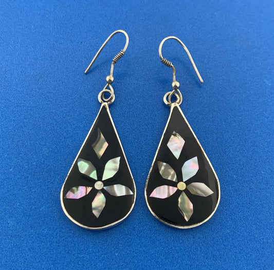 Retro Mexico Alpaca Faux Silver Black Enamel Abalone Inlay Drop Dangle Earrings