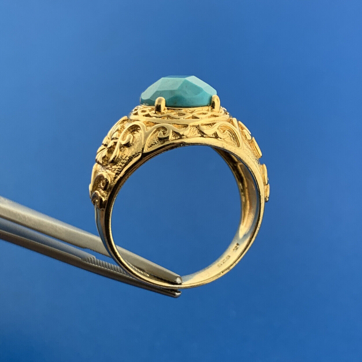 Designer RL Sterling Silver Vermeil Faceted Turquoise Floral Statement Dome Ring