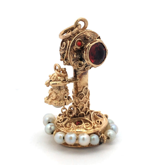 Art Nouveau 14K Yellow Gold Garnet Pearl Turquoise Coral Telephone Pendant