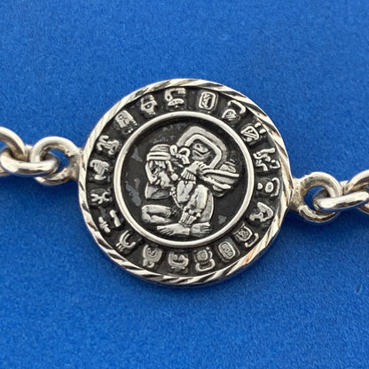 Vintage Taxco Mexico 925 Sterling Silver Aztec Design Medallion Toggle Bracelet