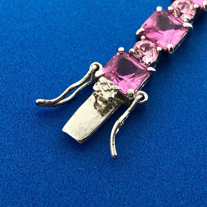 Sparkling FAS 925 Sterling Silver Pink Sapphire Round Pink CZ Tennis Bracelet
