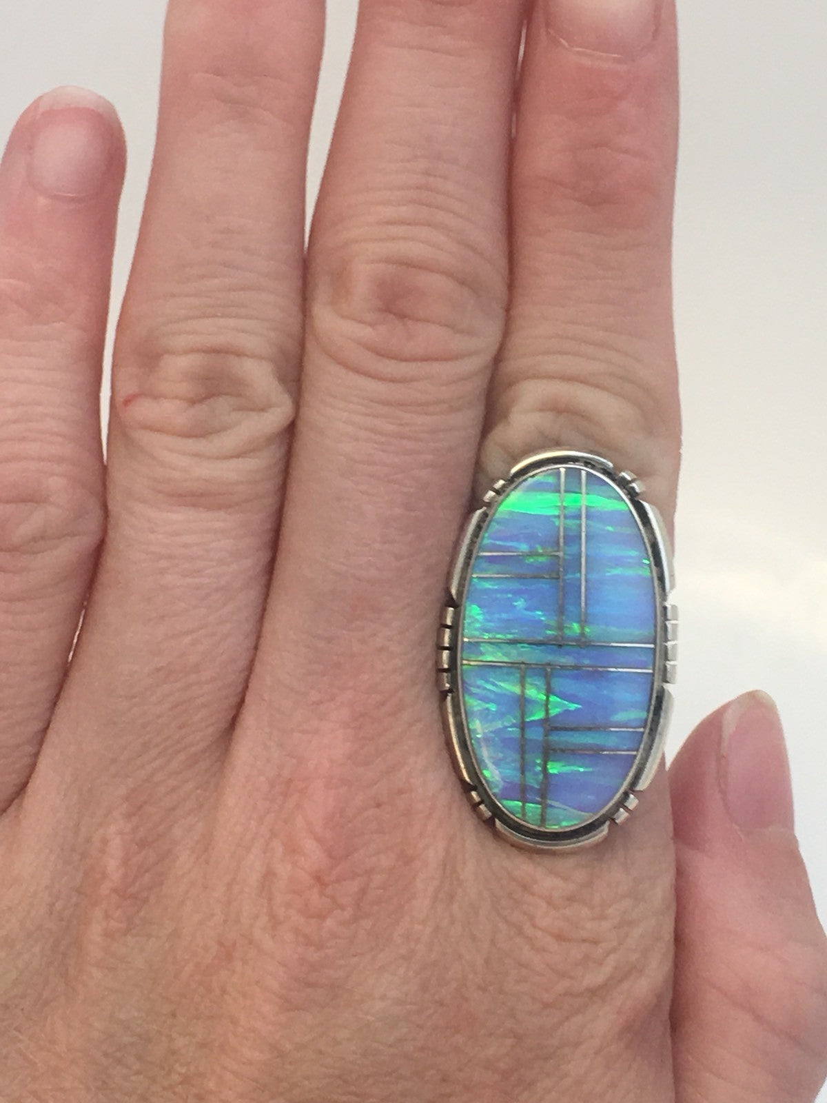 Navajo James Shay JS Sterling Silver 925 Oval Fire Opal Inlay Statement Ring