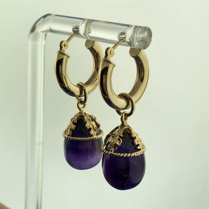 Gorgeous 14k Yellow Gold  Amethyst Pear Floral Dangle Hoop Statement Earrings