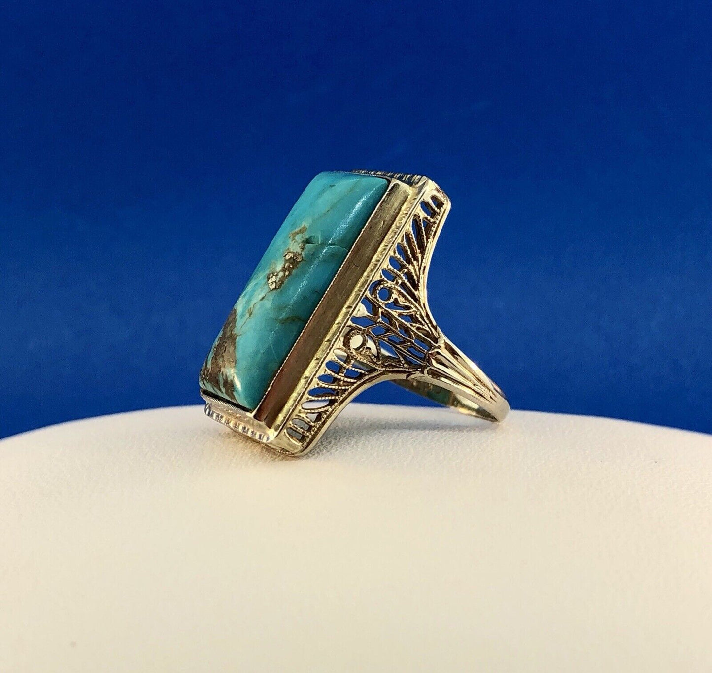 Art Deco Designer G & Co 14K White Gold Turquoise Filigree Statement Dinner Ring