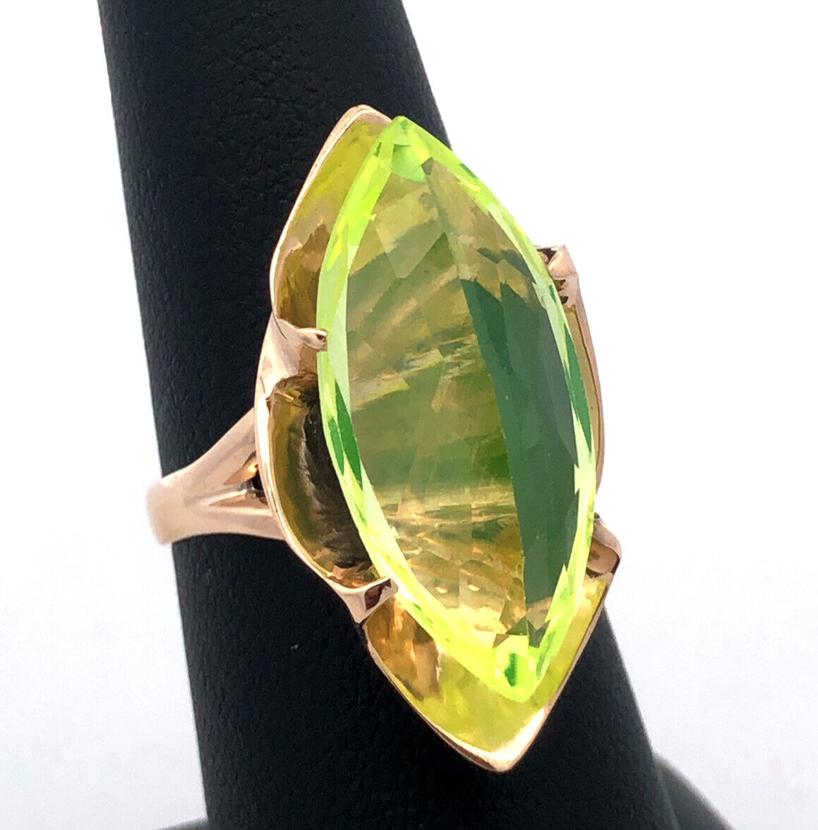 Vintage Custom 14K Yellow Gold Cushion Marquise Green Peridot Statement Ring