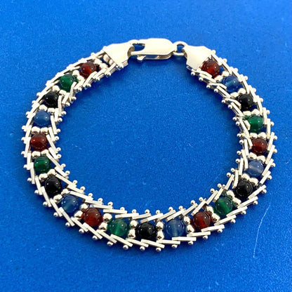 Designer Milor 925 Sterling Silver Riccio Rolling Mixed Gemstone Bead Bracelet