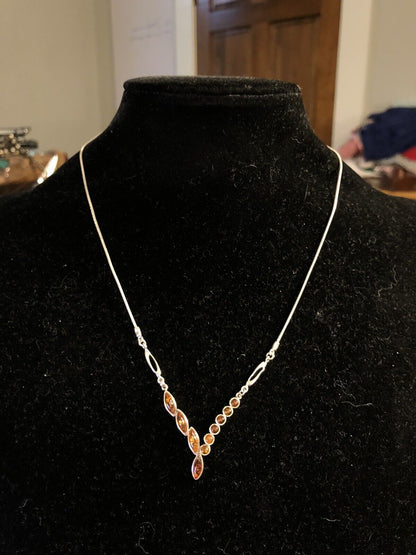 Vintage 925 Sterling Silver Oval Round Amber Cluster Modernist Pendant Necklace