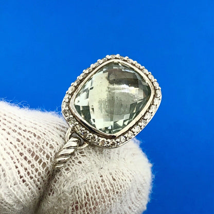 David Yurman DY Sterling Silver 925 Faceted Green Quartz Diamond Dangle Pendant