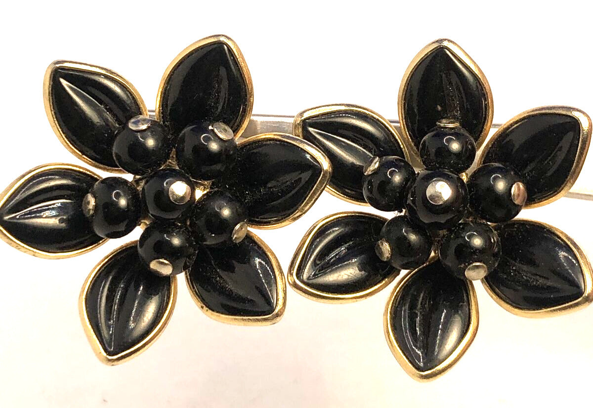 Designer Coro Gold-Tone Black Enamel Flower Statement Clip-on Stud Earrings
