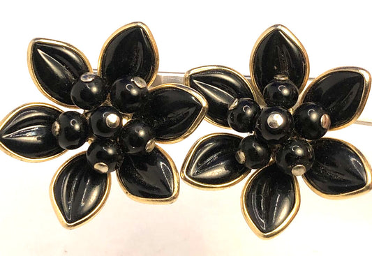 Designer Coro Gold-Tone Black Enamel Flower Statement Clip-on Stud Earrings