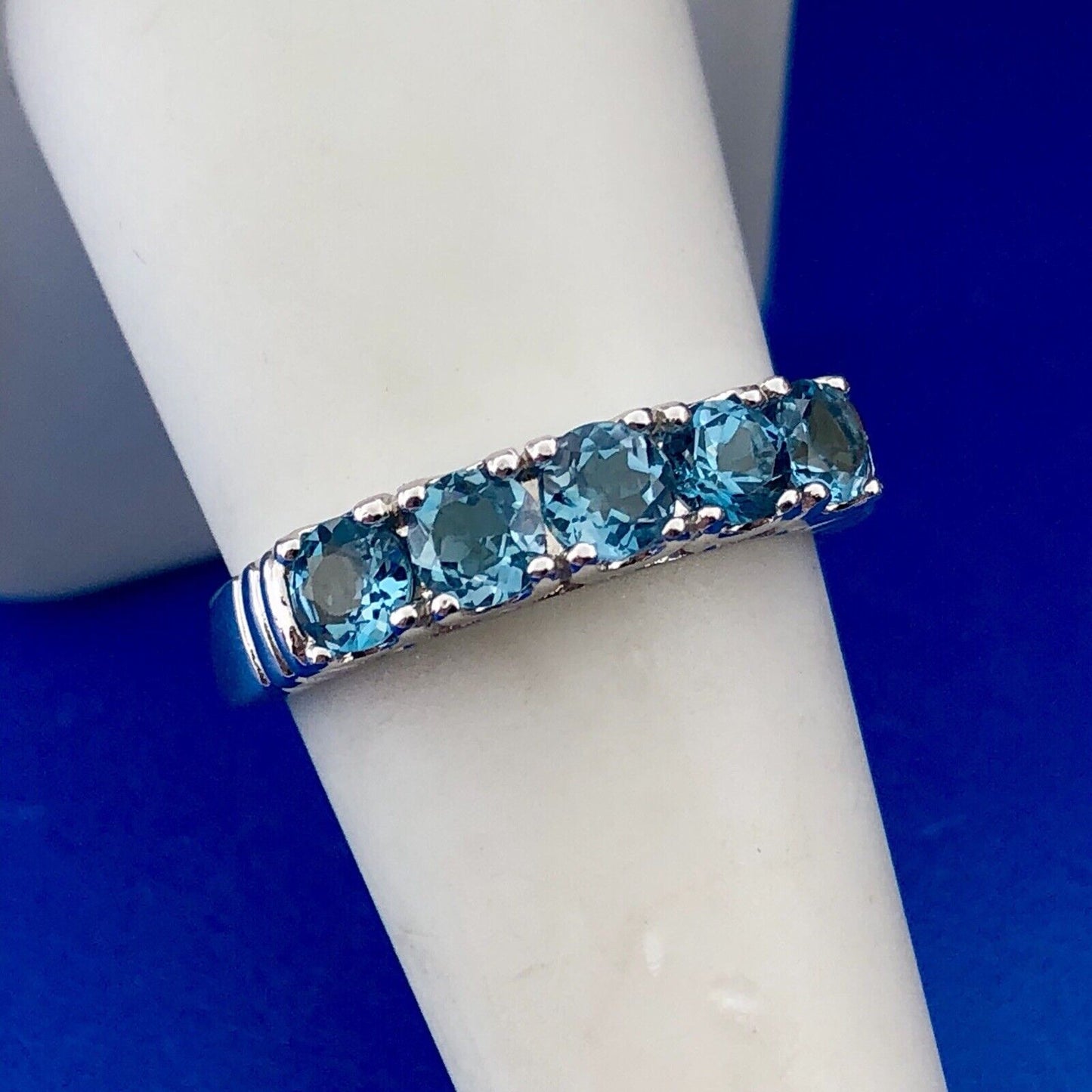 Vintage FAS Sterling Silver Blue Topaz 5 Stone December Anniversary Wedding Band
