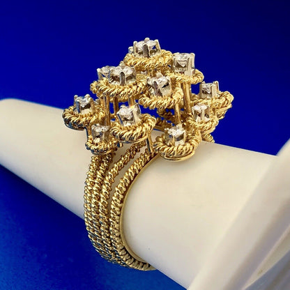 Stunning 18K Yellow Gold Diamond Floral Cluster Empire Setting Statement Ring