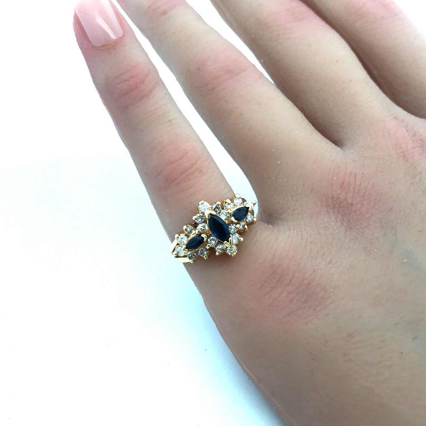 14K Yellow Gold Sapphire Diamond Halo Cluster Anniversary Bridal Cocktail Ring