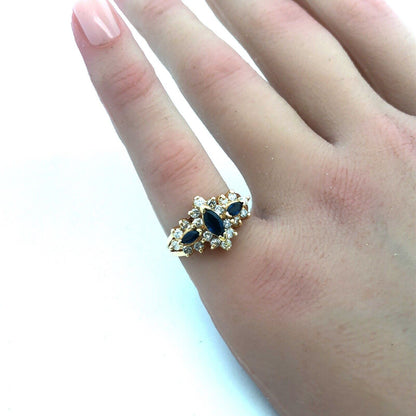 14K Yellow Gold Sapphire Diamond Halo Cluster Anniversary Bridal Cocktail Ring