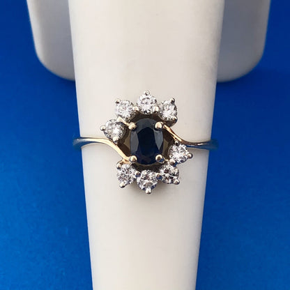 Gorgeous 14k Yellow Gold Oval Cut Sapphire Diamond Floral Cluster Ring Size 6.5