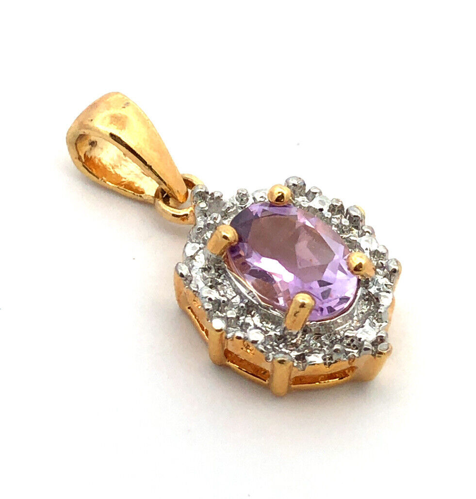 Designer 925 Sterling Silver Vermeil Oval Amethyst Diamond Pendant