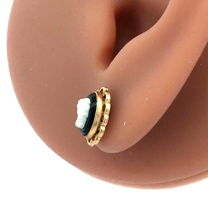 Vintage 14K Yellow Gold Oval Black Onyx Cabochon White Cameo Stud Earrings