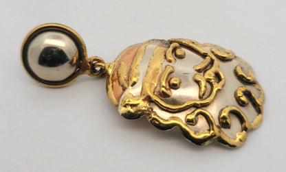 Vintage Mexico Silver Tone Copper Brass Santa Brooch/Pendant Earrings 3 Pc Set