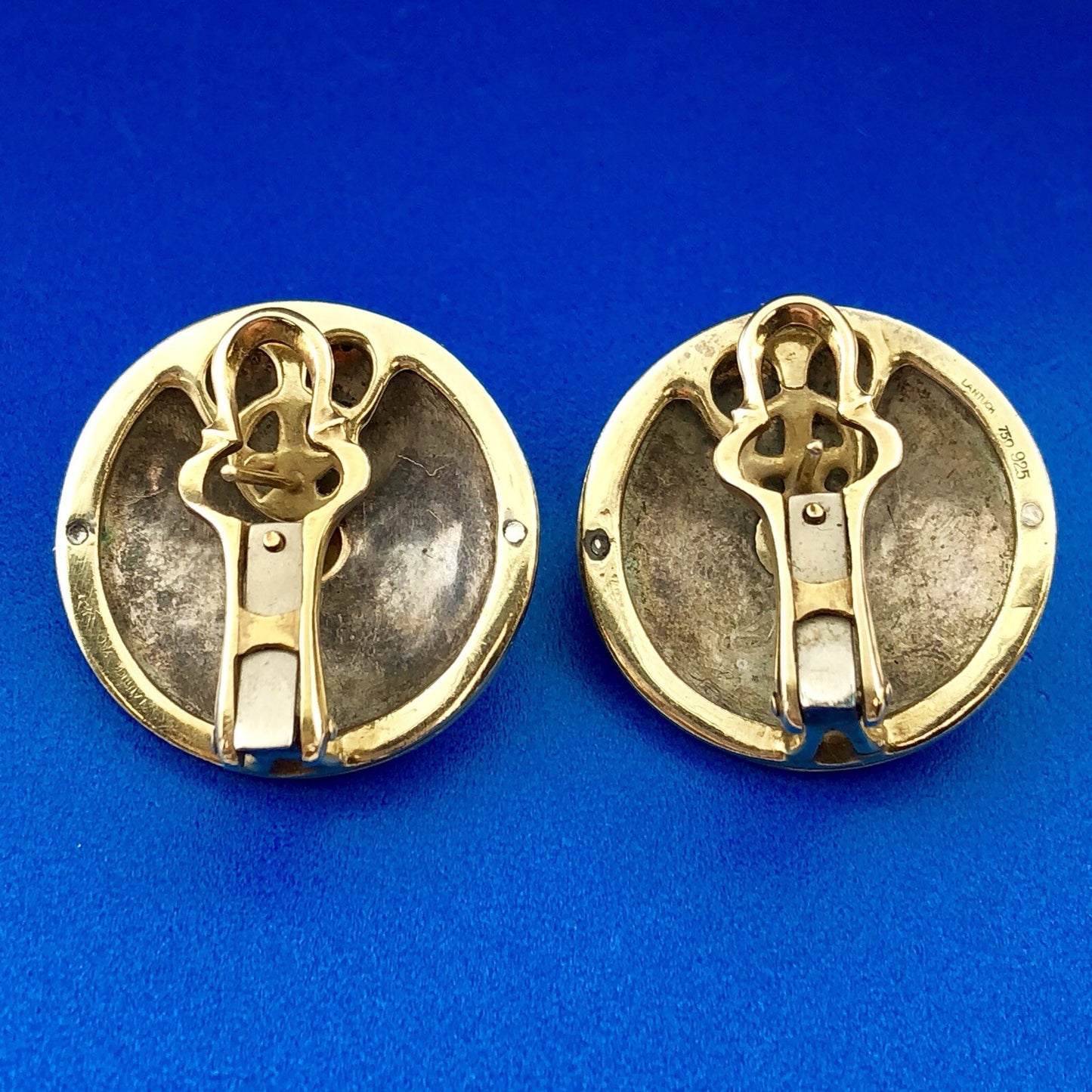 Signed Paul Lantuch 18K Yellow Gold 925 Sterling Silver Mask Disc Earrings