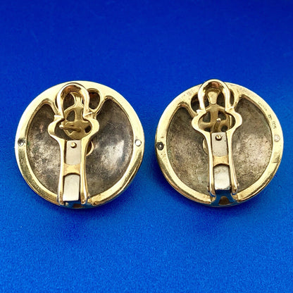 Signed Paul Lantuch 18K Yellow Gold 925 Sterling Silver Mask Disc Earrings