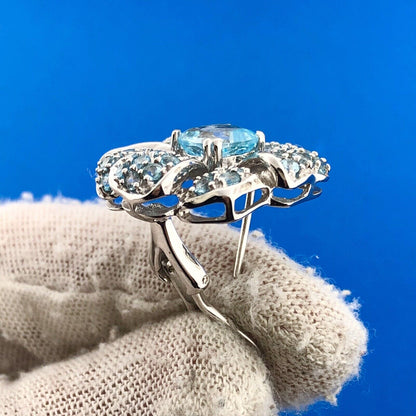 14K White Gold Blue Topaz Flower Poppy Cluster December Occasion Earrings