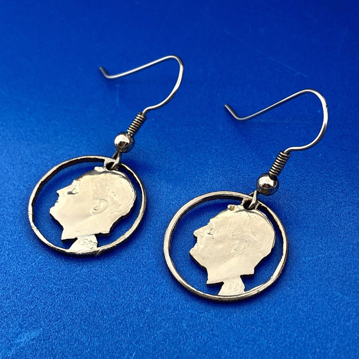 Estate Silver Tone Copper Nickel Roosevelt Dime Cutout Dangle Drop Earrings