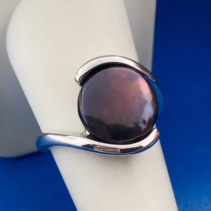 Designer 925 Sterling Silver Burgundy Abalone Cabochon Modernist Bypass Ring