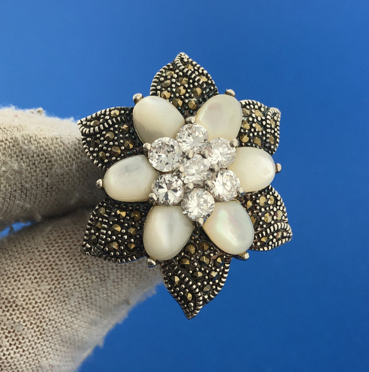 Sterling Silver FAS Cubic Zirconia CZ Moonstone Marcasite Flower Floral Ring
