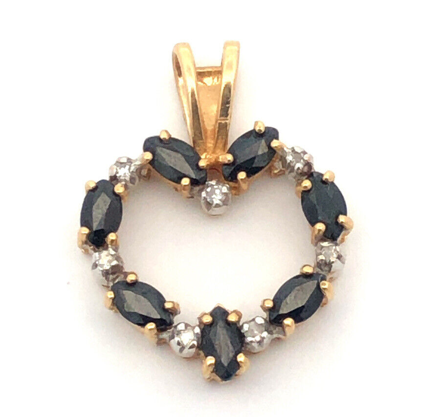 Designer 14K Yellow Gold Marquise Sapphire Diamond Accented Heart Pendant