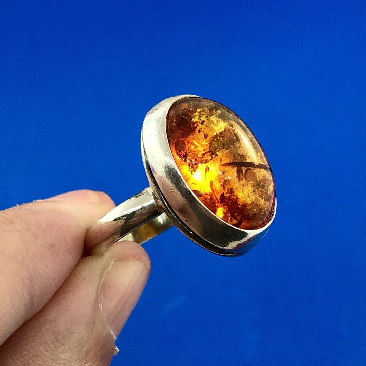 Designer Hallmarked 925 Sterling Silver Baltic Amber Oval Cabochon Fashion Ring