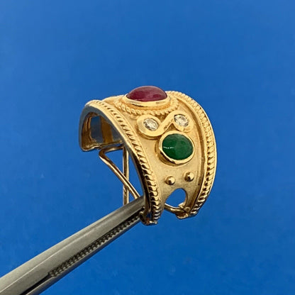 14K Yellow Gold Ruby Sapphire Emerald Diamond Statement Omega Back Earrings