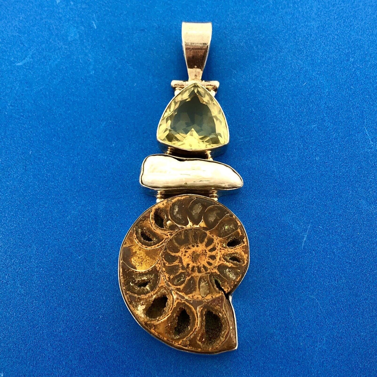Sterling Silver 925 Lemon Quartz Mother Of Pearl Fossil Ammonite Large Pendant