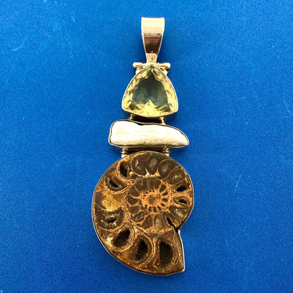 Sterling Silver 925 Lemon Quartz Mother Of Pearl Fossil Ammonite Large Pendant