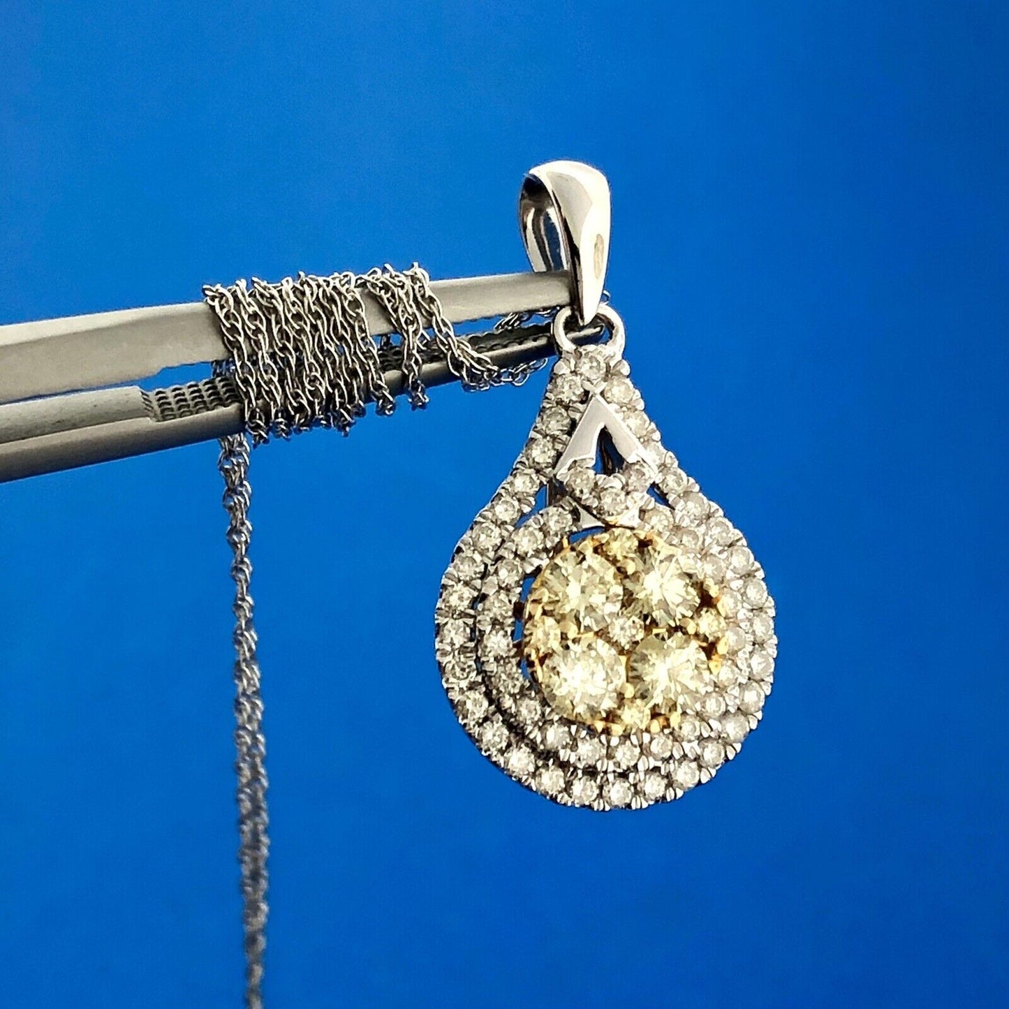 Royal 14K White Yellow Gold Canary White Diamond Double Halo Pear Pendant