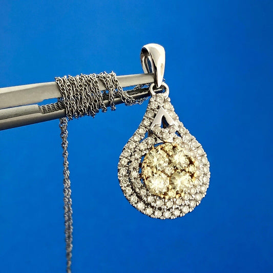 Royal 14K White Yellow Gold Canary White Diamond Double Halo Pear Pendant
