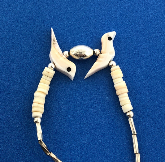 Stunning Sterling Silver 925 White Abalone Shell Twin Bird 6.75" Small Bracelet