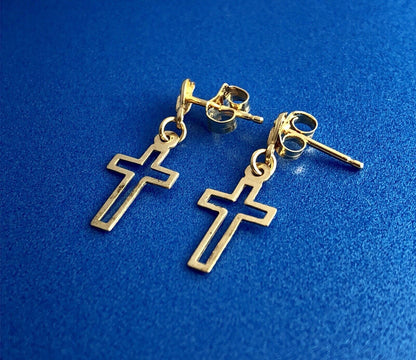 Retro 14K Yellow Gold Cross Cutout Religious Communion Dangle Stud Earrings