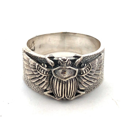 925 Sterling Silver Wings Of Isis Scarab Protection Tapered Cigar Band Ring