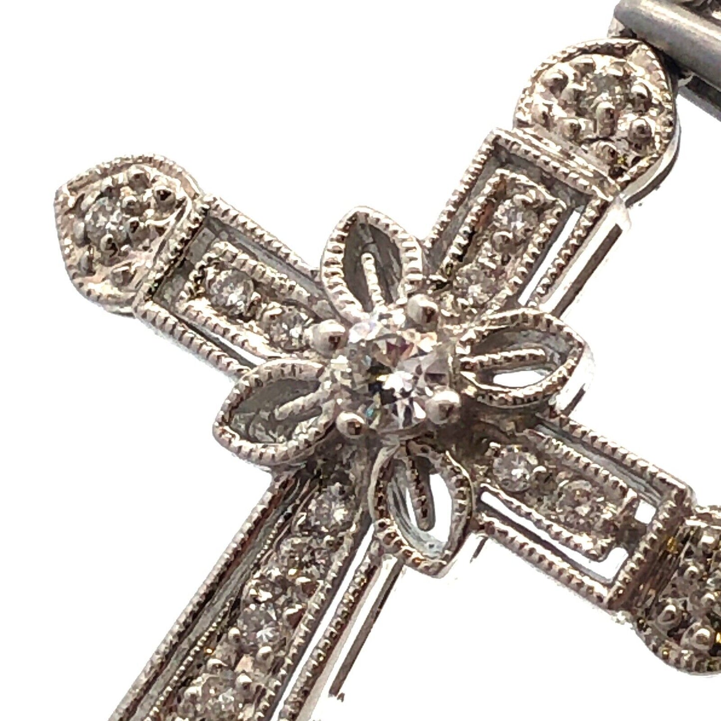 Designer 14K White Gold Diamond Encrusted Floral Religious Cross Pendant
