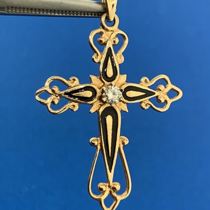 Retro 14K Yellow Gold Diamond Black Enamel Scroll Cross Religious Pendant