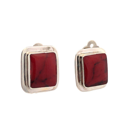 Designer Mexico Sterling Silver Brecciated Red Jasper Rectangle Clip Earrings