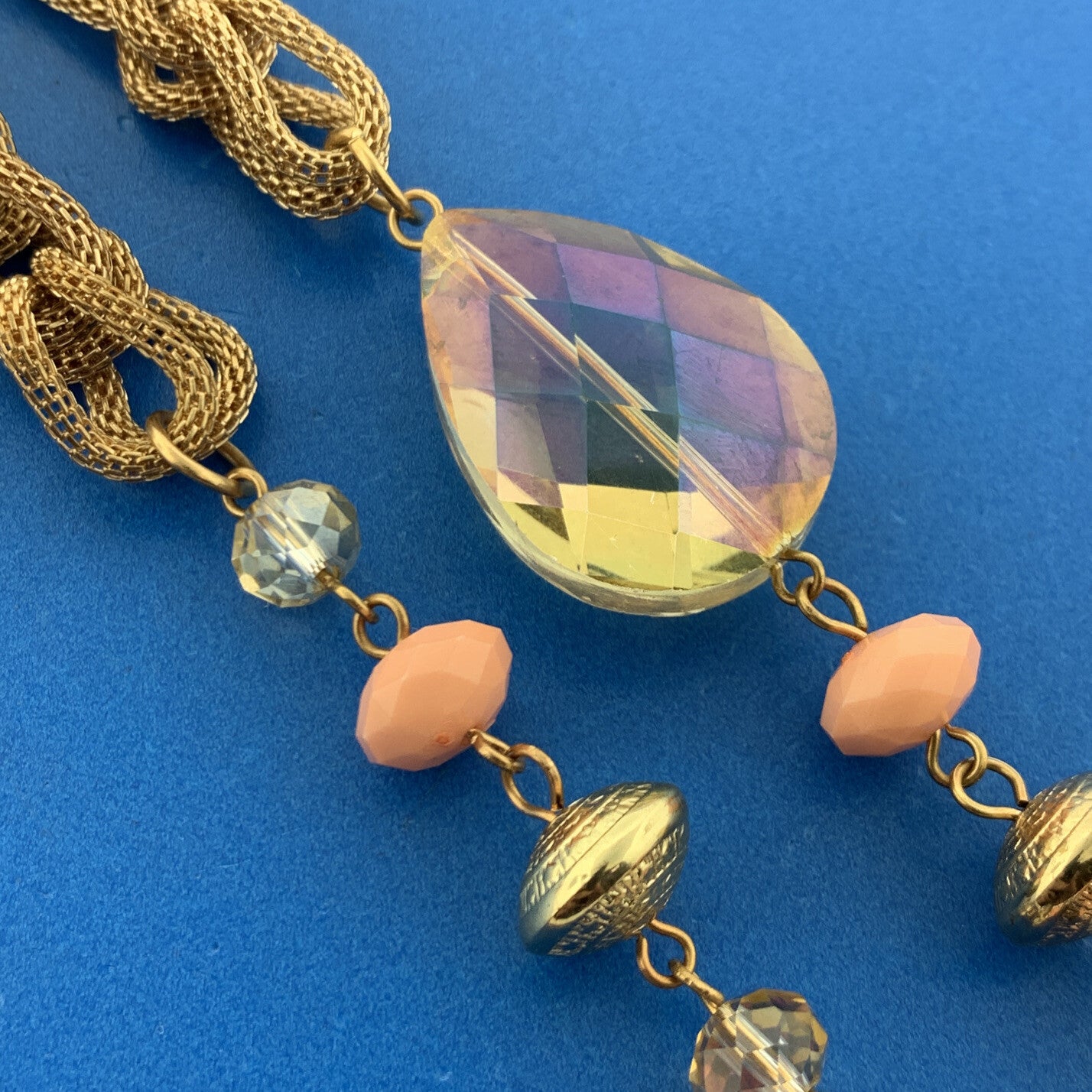 Vintage Gold Tone Faceted Bead Crystal Mesh Rope Statement Necklace