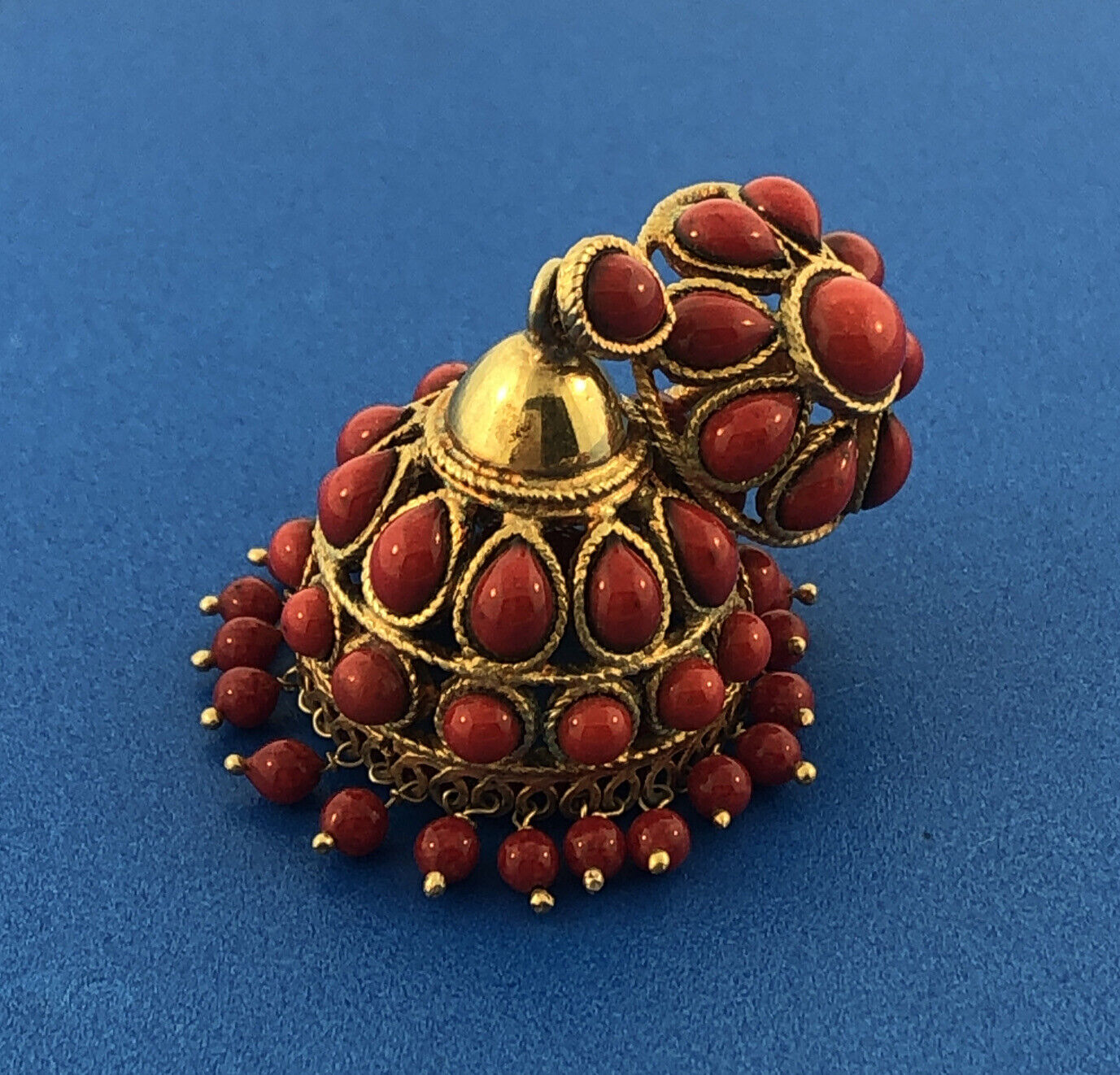 Lovely Vermeil Sterling Silver 925 Cabochon Coral Lampshade Dangle Stud Earrings