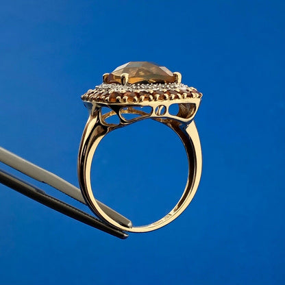 Designer 14K Yellow Gold Citrine Diamond Citrine Halo Statement Dome Ring Size 7