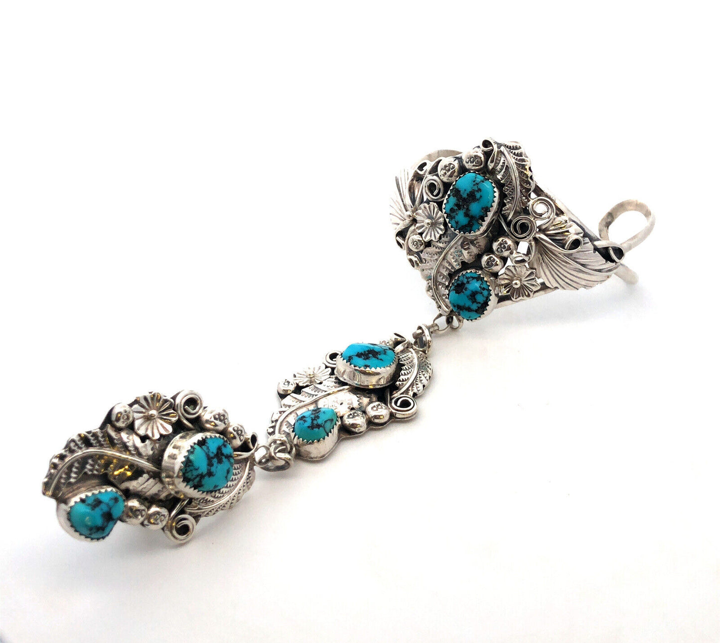 Harry B Yazzie Navajo Sterling Silver Turquoise Squash Blossom Slave Bracelet