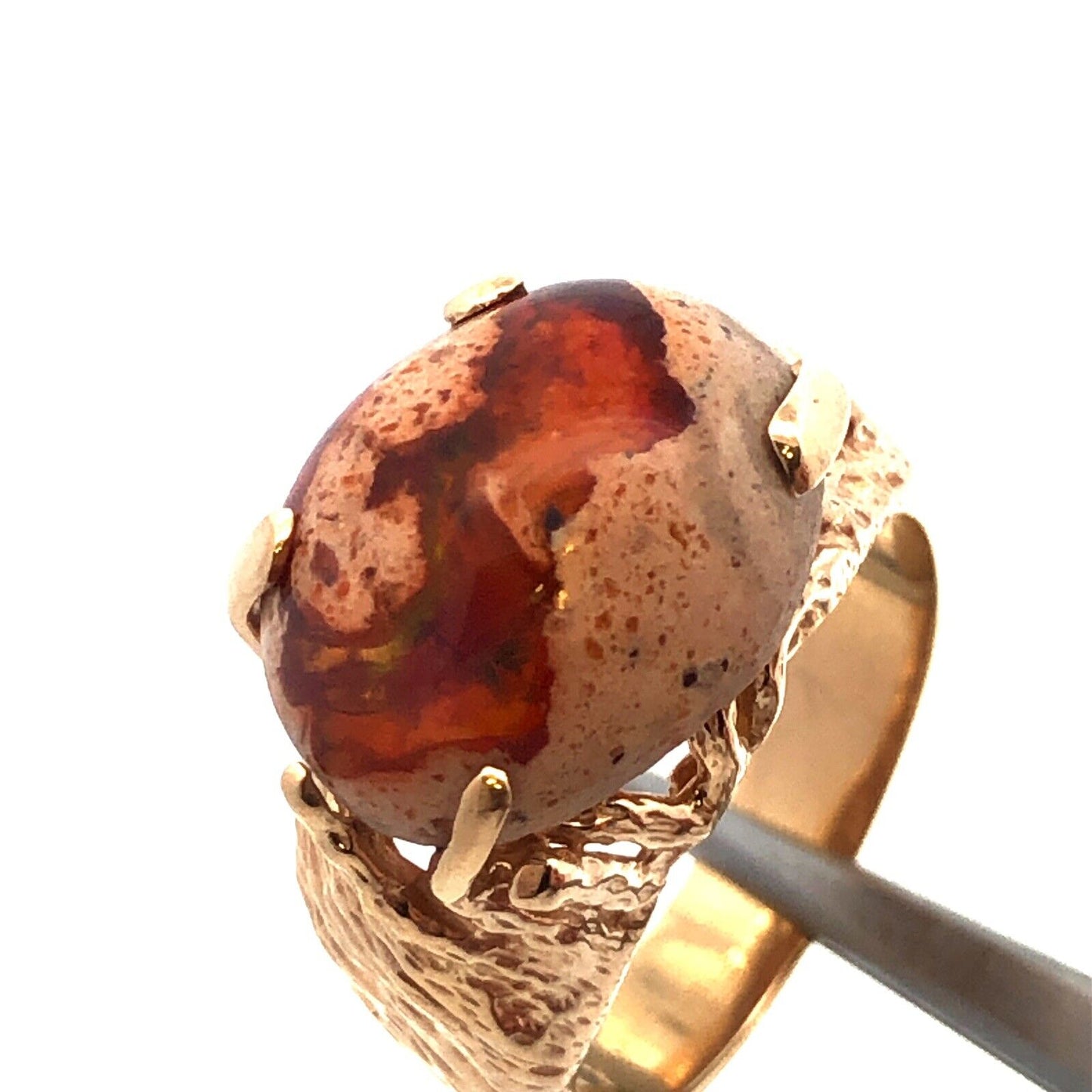 Designer Vintage 14K Yellow Gold Oval Mexican Opal Cabochon Statement Ring