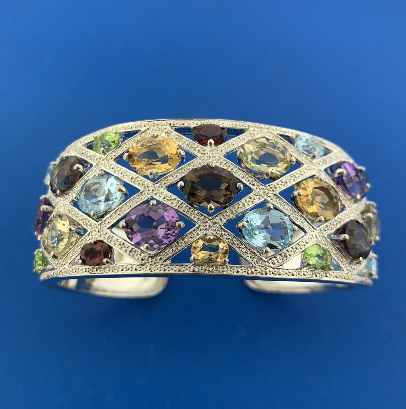 Designer Sterling Silver Multicolor Oval Quartz Statement Hinged Cuff Bracelet
